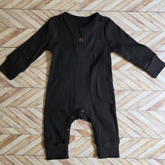 None Other - Baby Boy Girl Ribbed Black Long Sleeve Front Button Jumpsuit Cotton One Piece